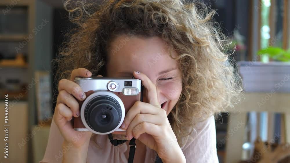 Young Happy Woman Photographing With Camera. 4K. Slow Motion. Young Happy Woman Photographing With Camera. 4K. Slow Motion.