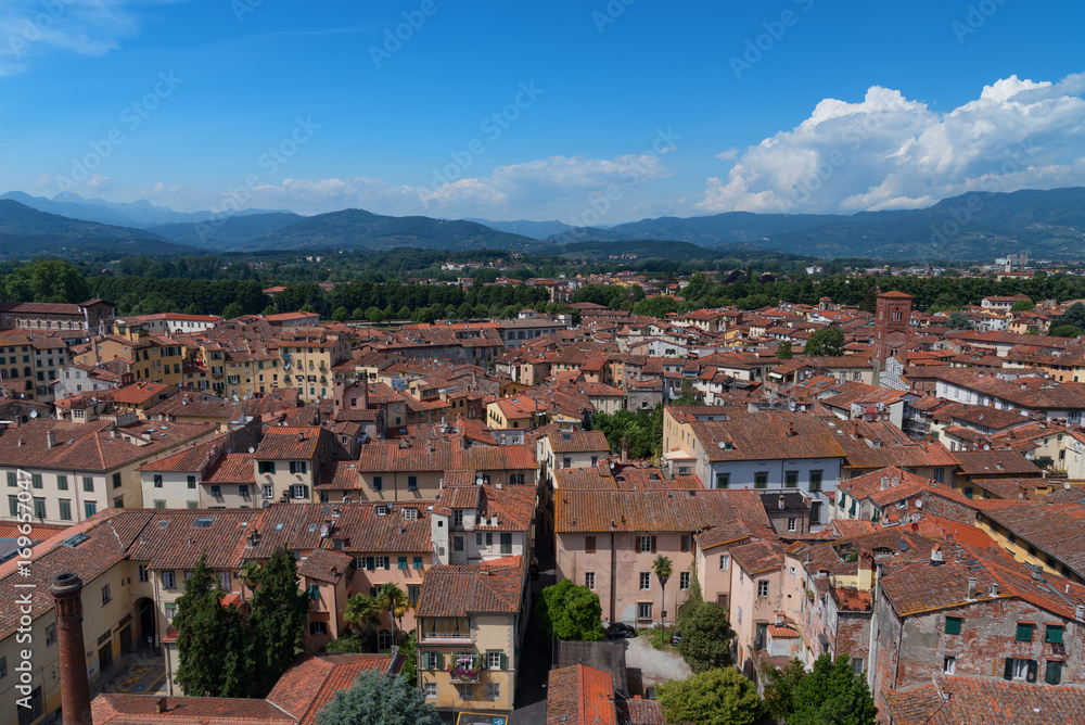Aerial view of the small medieval town of Lucca, Toscana (Tuscany), Italy, Europe. View from the Guinigi tower