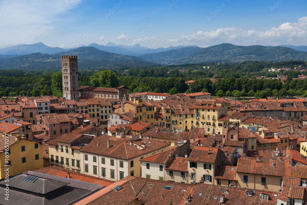 Aerial view of the small medieval town of Lucca, Toscana (Tuscany), Italy, Europe. View from the Guinigi tower