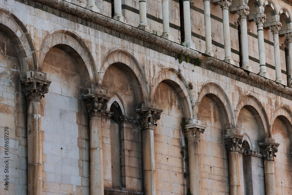 Details of the facade of Church San Michele in Foro (Saint Michael) in Lucca, Italy.