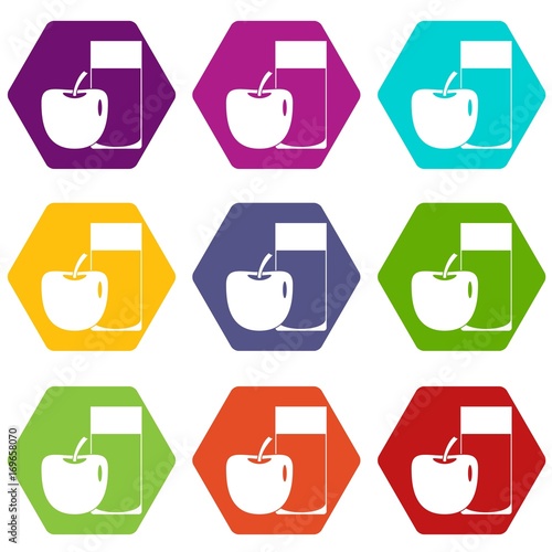 Glass of drink and apple icon set color hexahedron