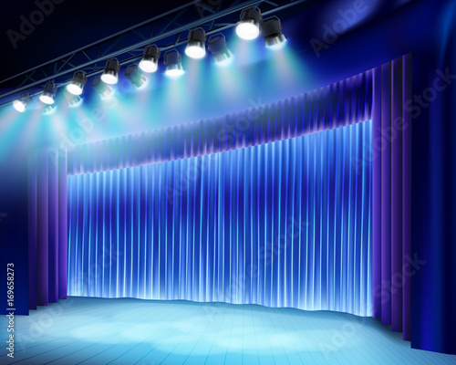 Theater stage with blue curtain. Vector illustration.
