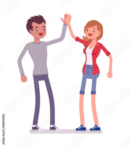 Young man and woman giving high five