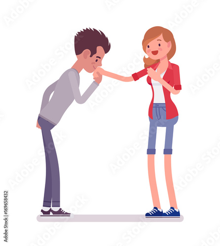 Young man and woman hand kiss