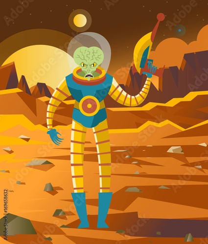 space alien martian on suit with raygun on mars