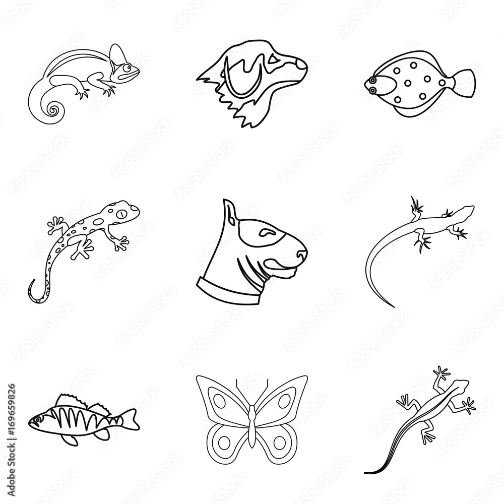 Chameleon icons set, outline style