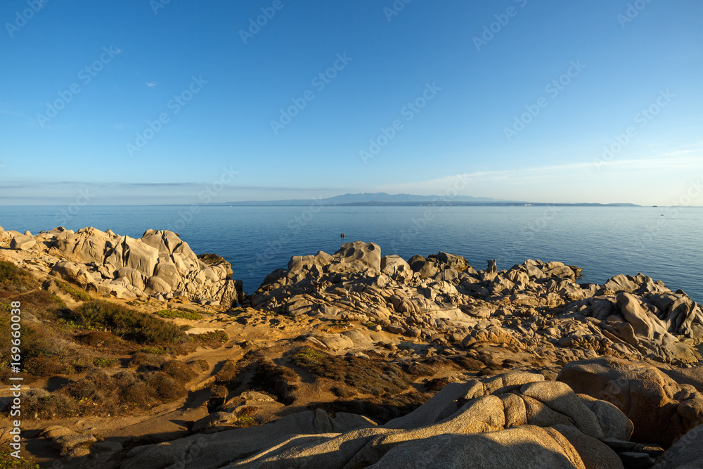 View on Corsica, from Capo Testa, Sardinia, Italy