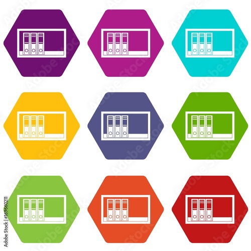Office folders on the shelf icon set color hexahedron