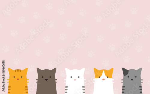 cute flat pastel cat portrait with cat's paws pattern background