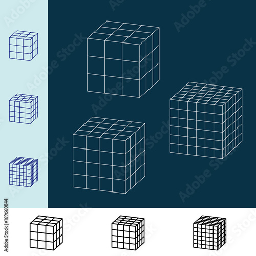 Cube wireframe set. Vector outline illustration.Dimetric projection.