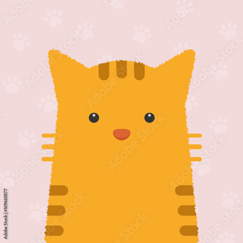 cute flat orange cat portrait with cat's paws pattern on pink background