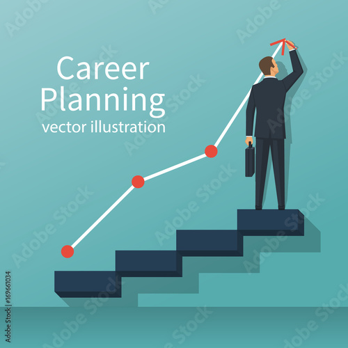 Career planning. Businessman draws graph of growth standing at stairs steps. Concept of career growth. Vector illustration flat design. Isolated on background.