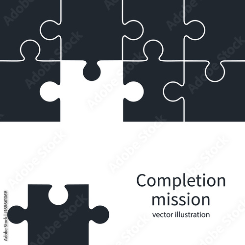 Completion mission concept. Putting in jigsaw. Missing element puzzle. Business metaphor. Vector illustration flat design. Implementation plan. Execute plan.