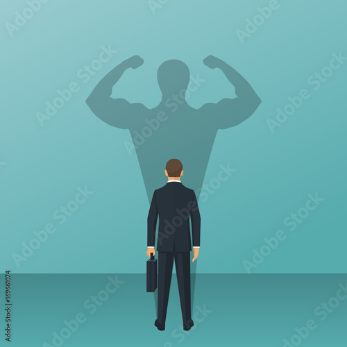 Confident power. Businessman in suit standing in front wall with shadow successful business leadership, isolated on background. Career strength. Shadow of strong man. Vector illustration flat design.