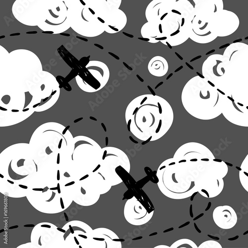 Tapety Bezszwowy wektoru wzór z samolotami. Niebo z chmurami i samolotami ręcznie rysowane tła