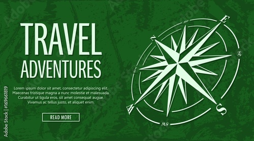 Template of travel banner with wind rose on green grunge background. Vector illustration.