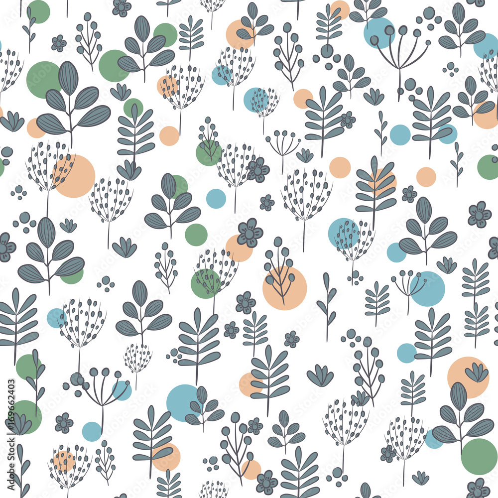 Seamless pattern with dark silhouettes of flowers and plants on white background.