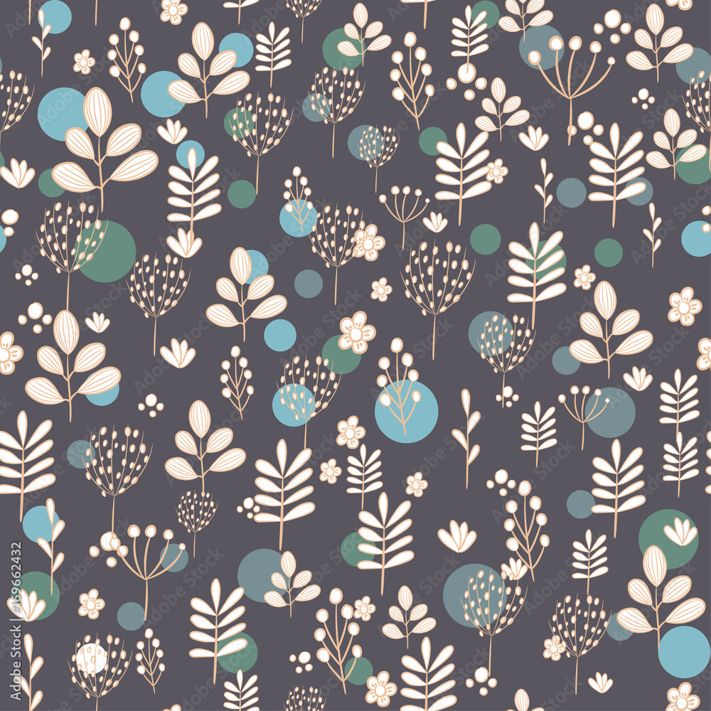 Seamless pattern with light silhouettes of flowers and plants on dark background. Seamless pattern with light silhouettes of flowers and plants on dark background.