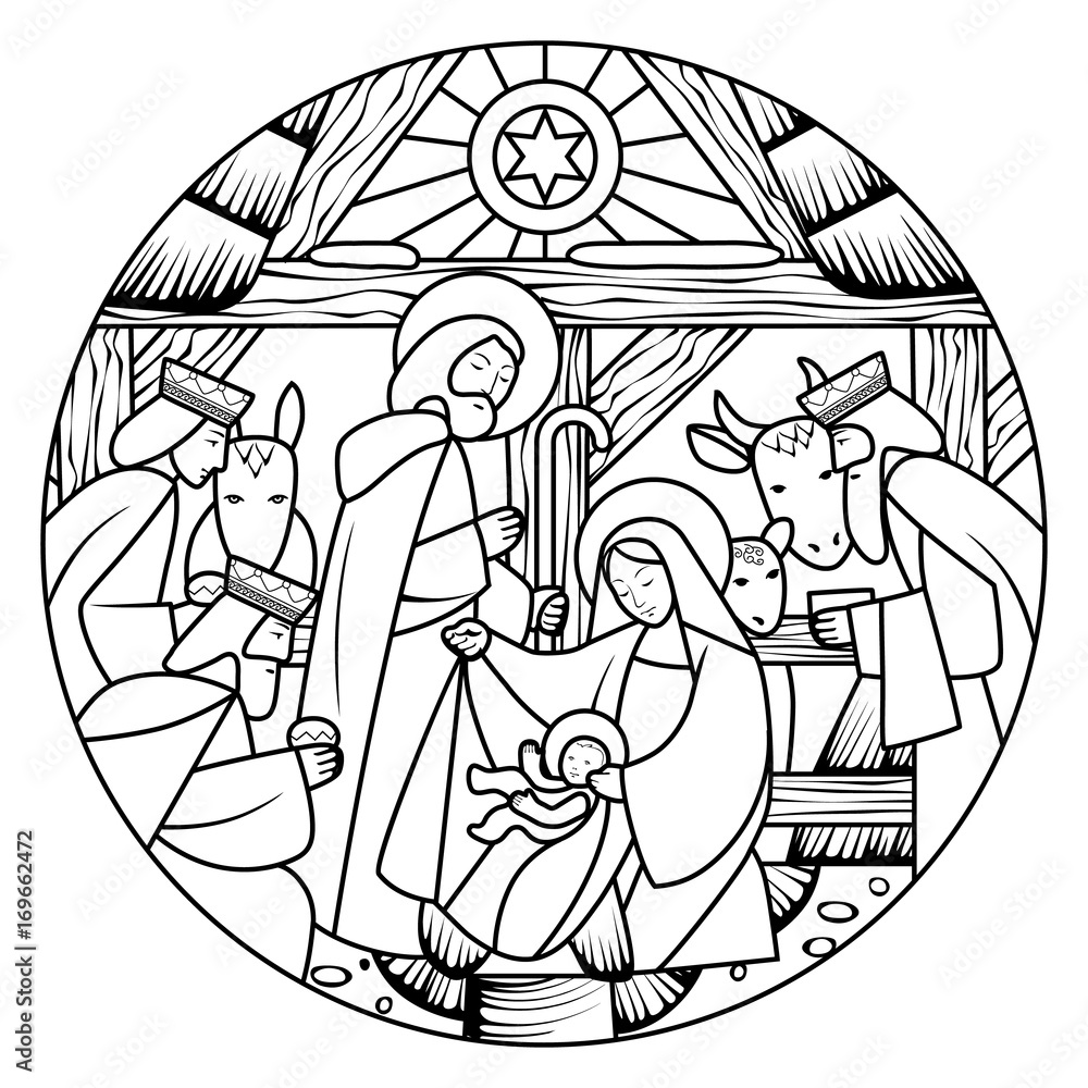 Linear drawing of Birth of Jesus Christ scene in circle shape Stock Vector  | Adobe Stock