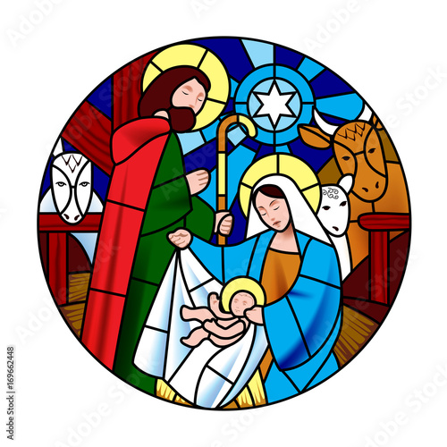 Circle shape with the birth of Jesus Christ scene in stained glass style