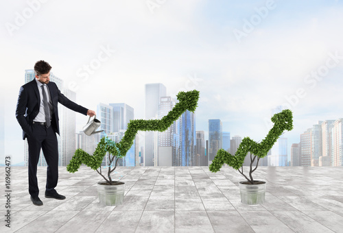 Businessman that watering a plant with a shape of arrow. Concept of growing of company economy . photo