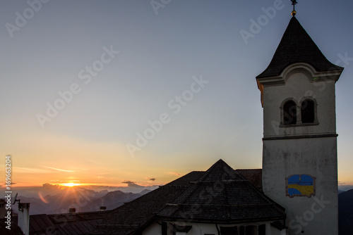 Mountain escape. Panorama from Mount Lussari at sunset