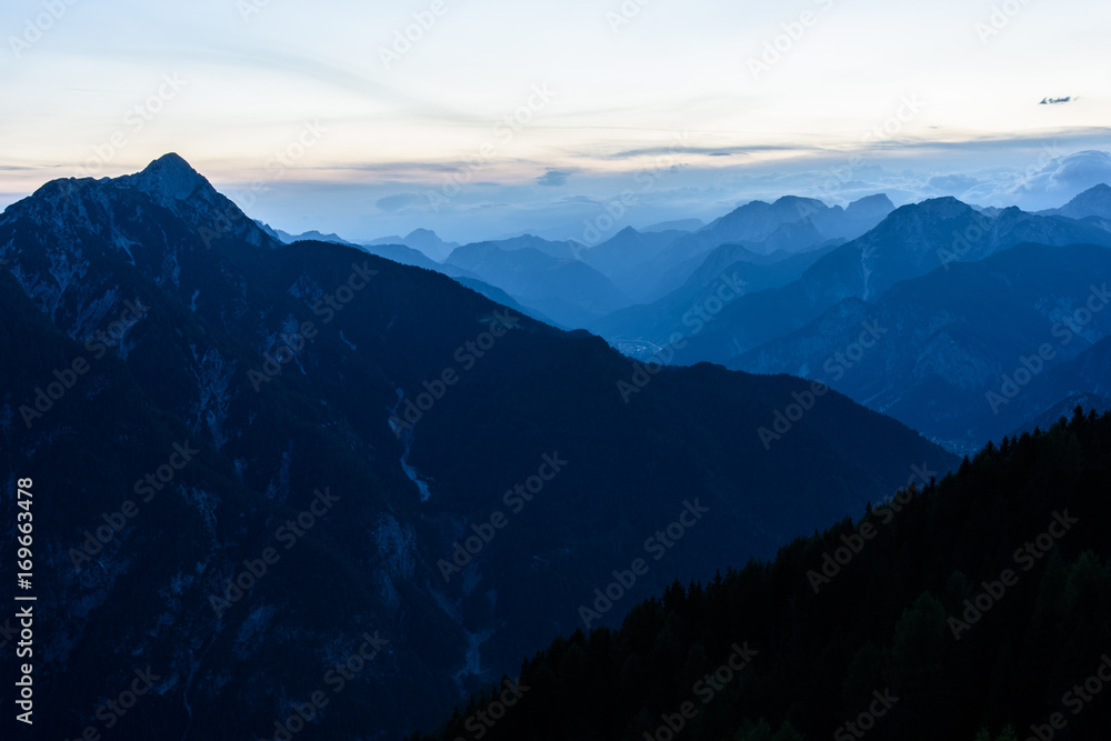 Mountain views from the top of Monte Lussari. Sunset Mountain views from the top of Monte Lussari. Sunset
