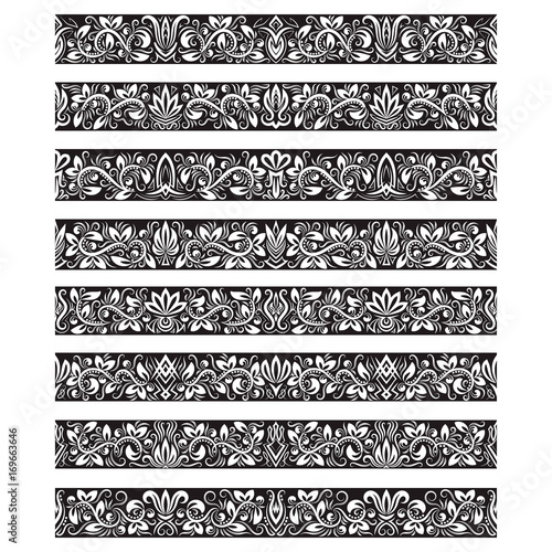 Black white vintage elements for vector brushes creating. Borders templates kit for frames design and page decorations.