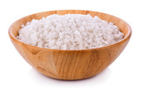 Sea salt in wooden bowl on white background