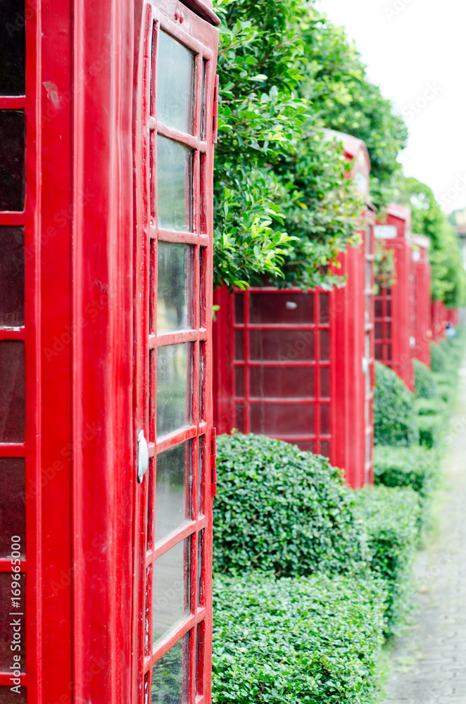 Obraz premium British red telephone box with old fashioned with green tree background in London, United Kingdom