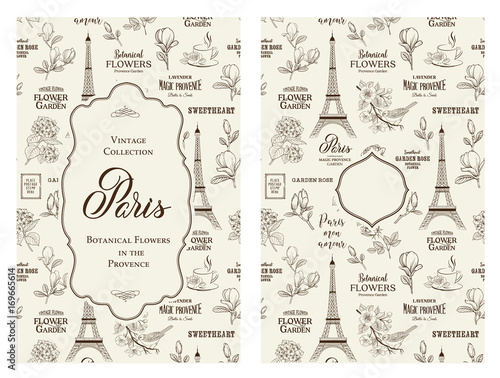 Souvenir card with eiffel tower. Eiffel tower with blooming spring flowers over gray background. Vector illustration.