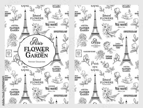 Souvenir card with eiffel tower. Eiffel tower with blooming spring flowers over white background. Vector illustration.