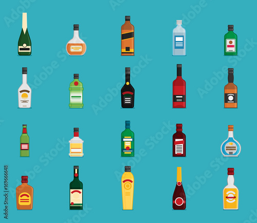 Flat vector bottle with alcohol icon set