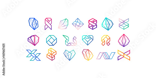 Big Set of minimal geometric multicolor symbol set shapes. Trendy icons and logotypes. Business signs symbols, labels, badges, frames and borders