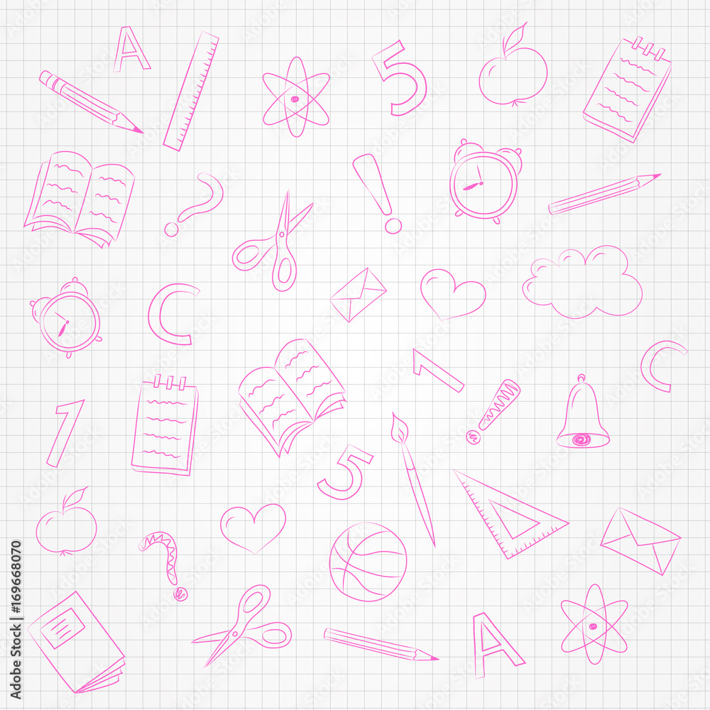 Concept of school background with doodles on checked paper. Vector. Concept of school background with doodles on checked paper. Vector.