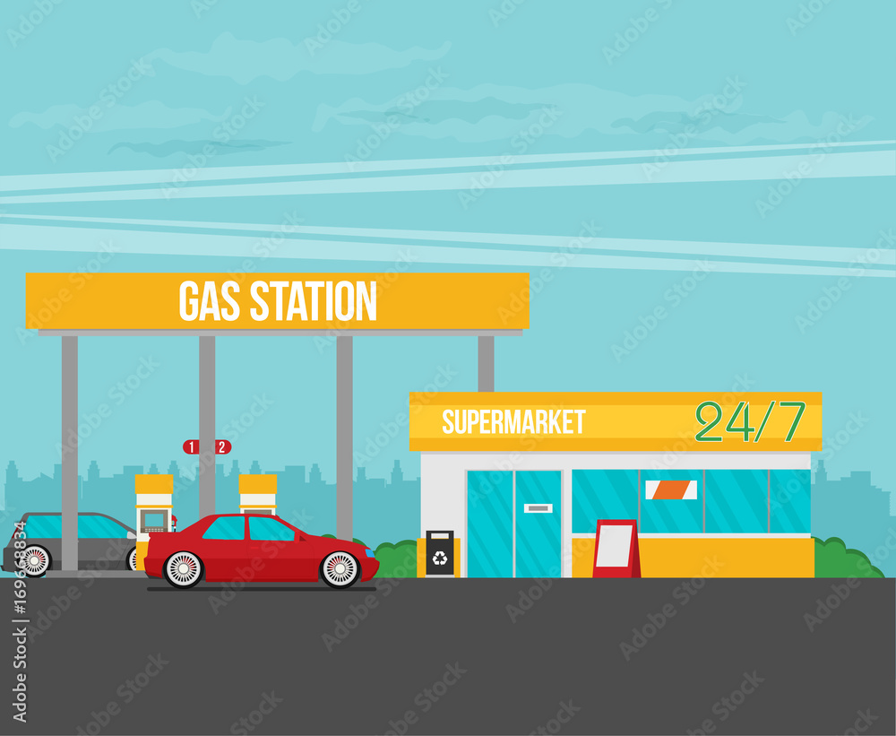 Gas station flat vector illustration