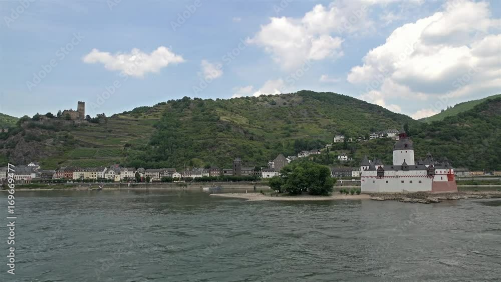 Village of Kaub skyline with castle Pfalzgrafenstein, Unesco world heritage site - time lapse Village of Kaub skyline with castle Pfalzgrafenstein, Unesco world heritage site - time lapse