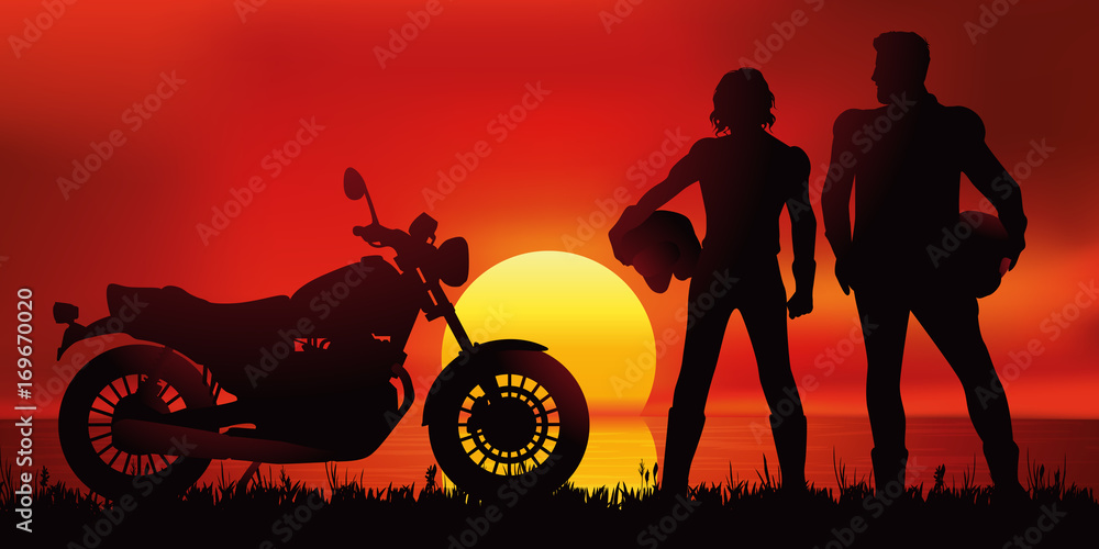 moto - motard - couple - coucher de soleil - liberté -paysage Stock Vector  | Adobe Stock