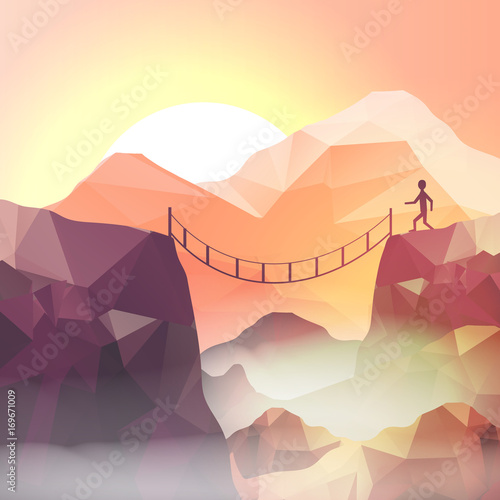 Runner on Geometric Mountain Background - Vector Illustration.