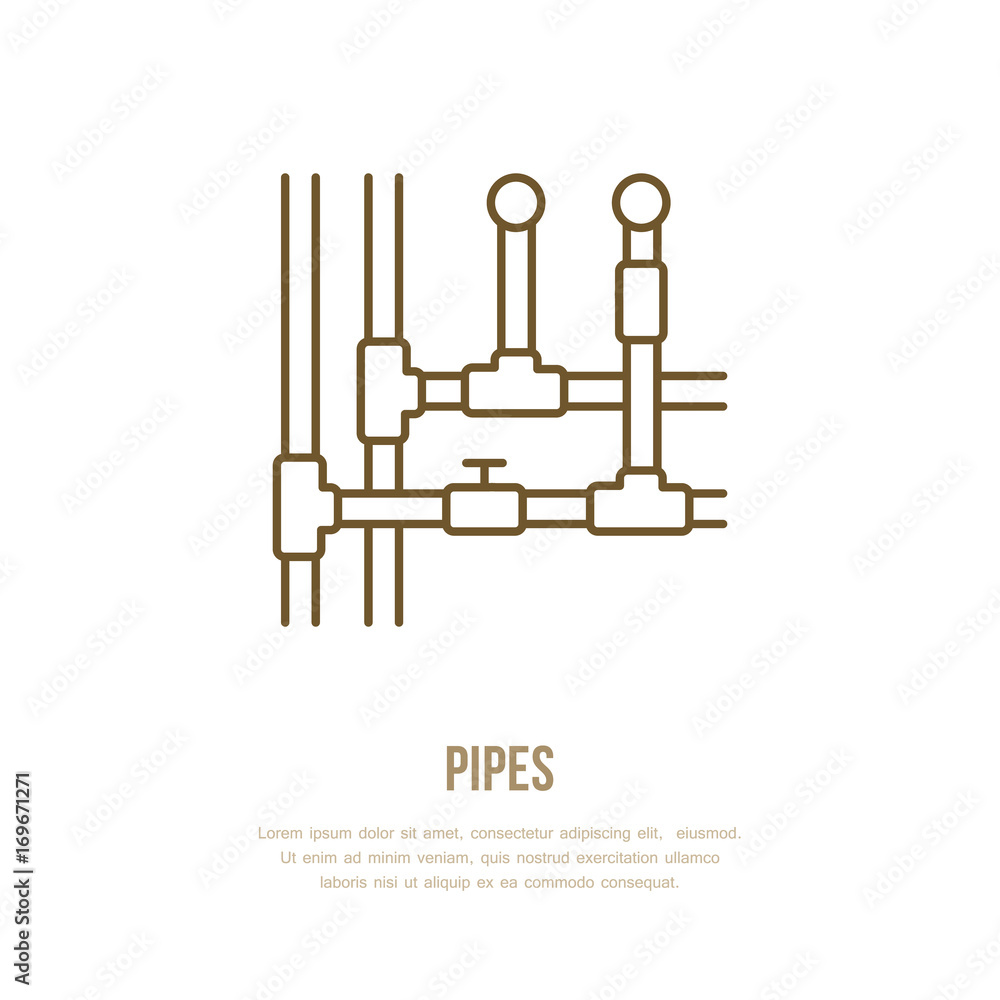 Pipes installation routing flat line icon. Outline sign of pipe, valve. Vector illustration for house equipment store or plumbing service. Pipes installation routing flat line icon. Outline sign of pipe, valve. Vector illustration for house equipment store or plumbing service.