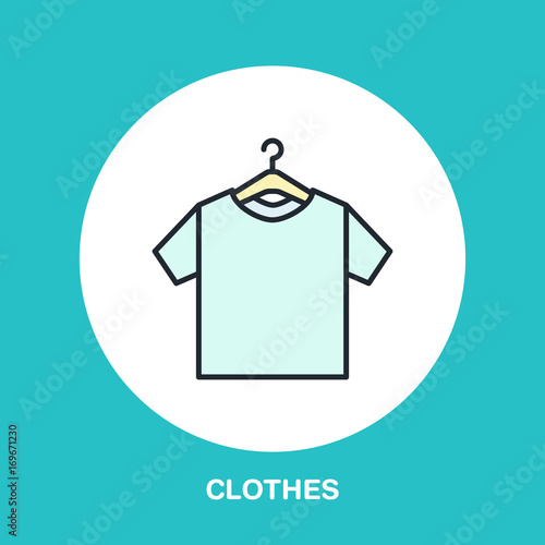 T-shirt on hanger icon, clothing shop line logo. Flat sign for apparel collection. Logotype for laundry, clothes cleaning.