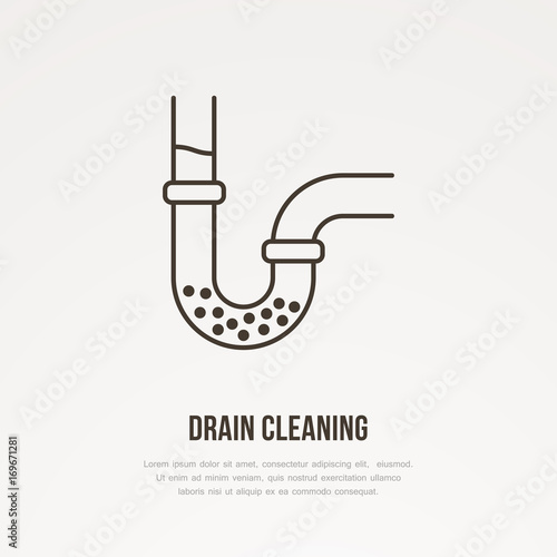 Drain cleaning flat line icon. Outline sign of blocked water pipe. Vector illustration for repair or plumbing service.