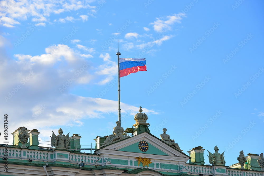 The flag of the Russian Federation at the Winter Palace in Saint-Petersburg