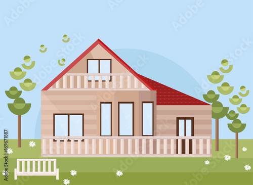 Wood house with garden. Vector facade flat style