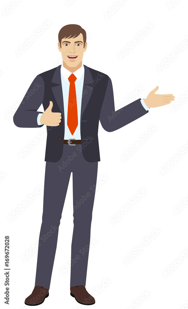 Businessman showing thumb up and showing something Businessman showing thumb up and showing something