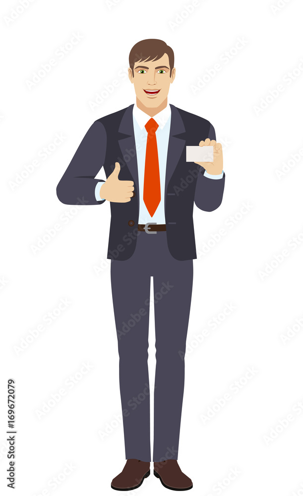 Businessman showing thumb up and showing the business card