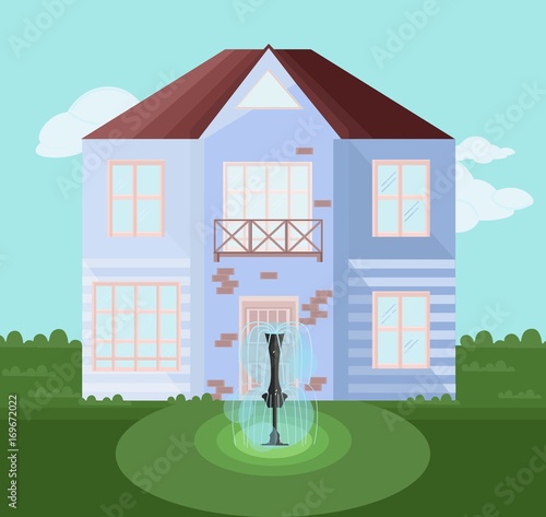 Modern architecture facade building with fountaine garden and vector illustra...