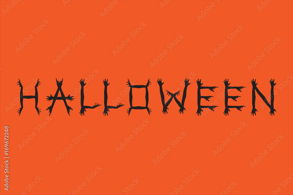 Inscription HALLOWEEN. Concept font made of corpse hand silhouettes. Zombie poster and invitation card template. Inscription HALLOWEEN. Concept font made of corpse hand silhouettes. Zombie poster and invitation card template.