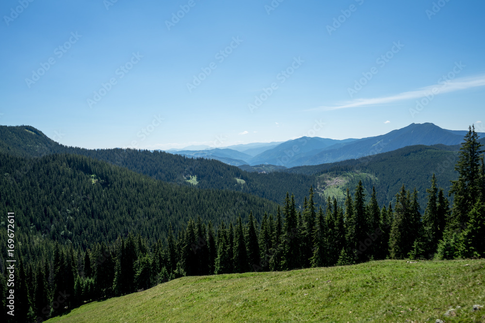 View of Pietrele Doamnei montain (Lady's stones cliff) from the valley. Rarau mountains in Bucovina, Romania