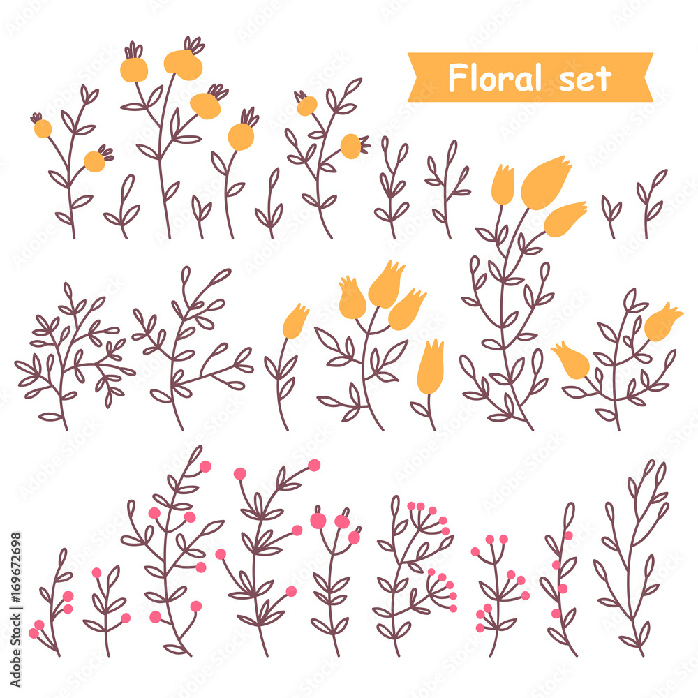Hand drawn floral elements. Floral set. Vector illustration. Hand drawn floral elements. Floral set. Vector illustration.